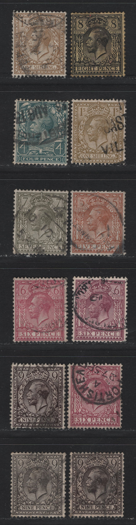 Lot 157 Great Britain (C) SG#379, 381, 385, 387, 390, 392-393, 395-396 4d - 1/- Gray Green - Bistre & Bistre Brown, 1913-1924 KGV Profile Heads Issue, 12 Fine Used Singles