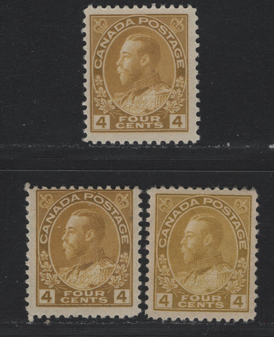 Lot 16 Canada #110,b,d 4c Olive Bistre - Olive Yellow , 1911-1925 KGV Admiral Issue, 3 F/VFOG Singles, Dry Printings, ABN-E & ABN-M Papers, Perfs 11.9 & 12x11.9.