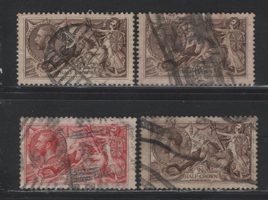 Lot 162 Great Britain (C) SG#413-414, 416 2/6d - 5/- Olive Brown - Rose Red, 1918-1919 Seahorses Issue, 4 Very Good/Fine Used Singles, Bradbury Wilkinson Printings, One 2/6 Has A Diagonal Crease & 5/- Has An Internal Crease