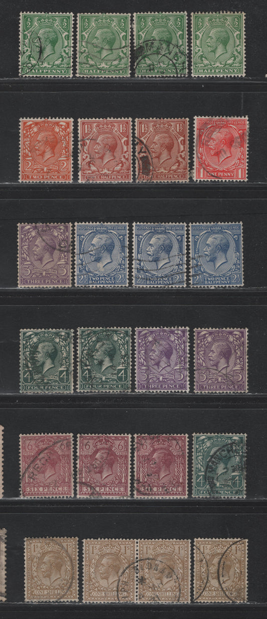 Lot 163 Great Britain (C) SG#418-424, 426a, 429 1/2d - 1/- Green - Bistre Brown, 1924-1926 KGV Profile Heads Issue, 22 Very Fine Used Singles, Block Cypher Wmk, Many Unlisted Shades