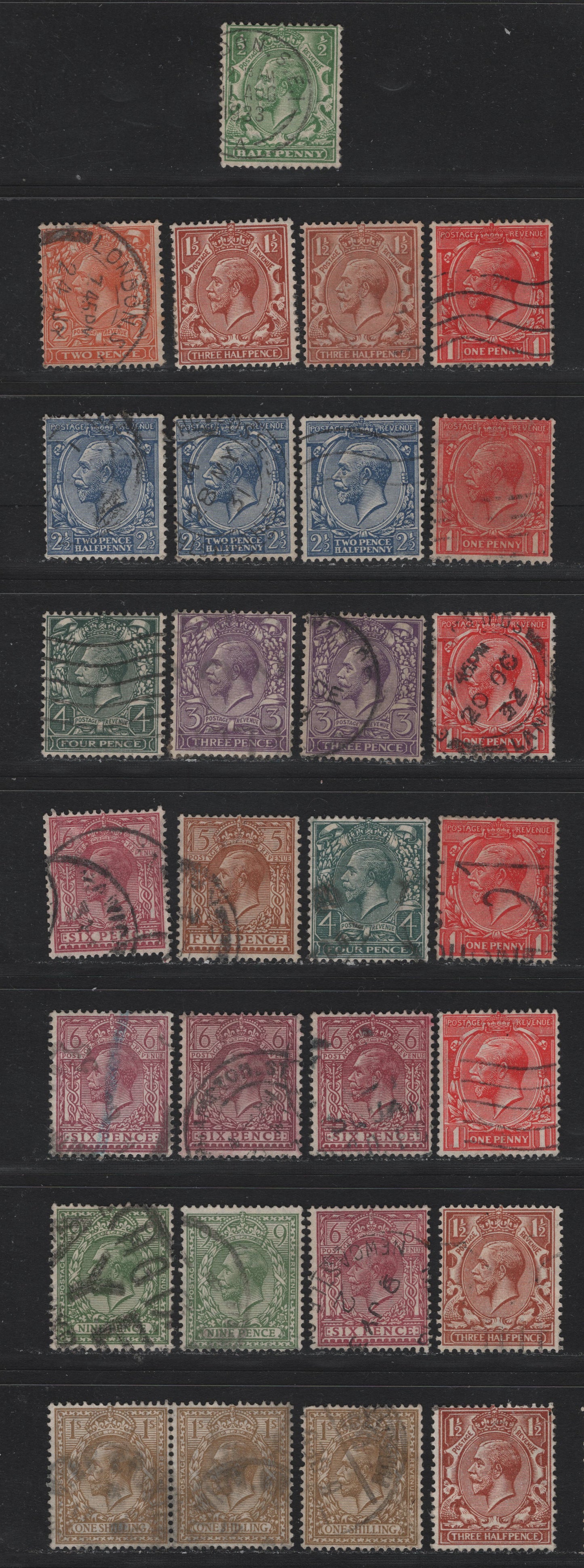 Lot 164 Great Britain (C) SG#418/429 1/2d - 1/- Green - Bistre Brown, 1924-1926 KGV Profile Heads Issue, 28 Fine Used Singles, Many Unlisted Shades of Each Value