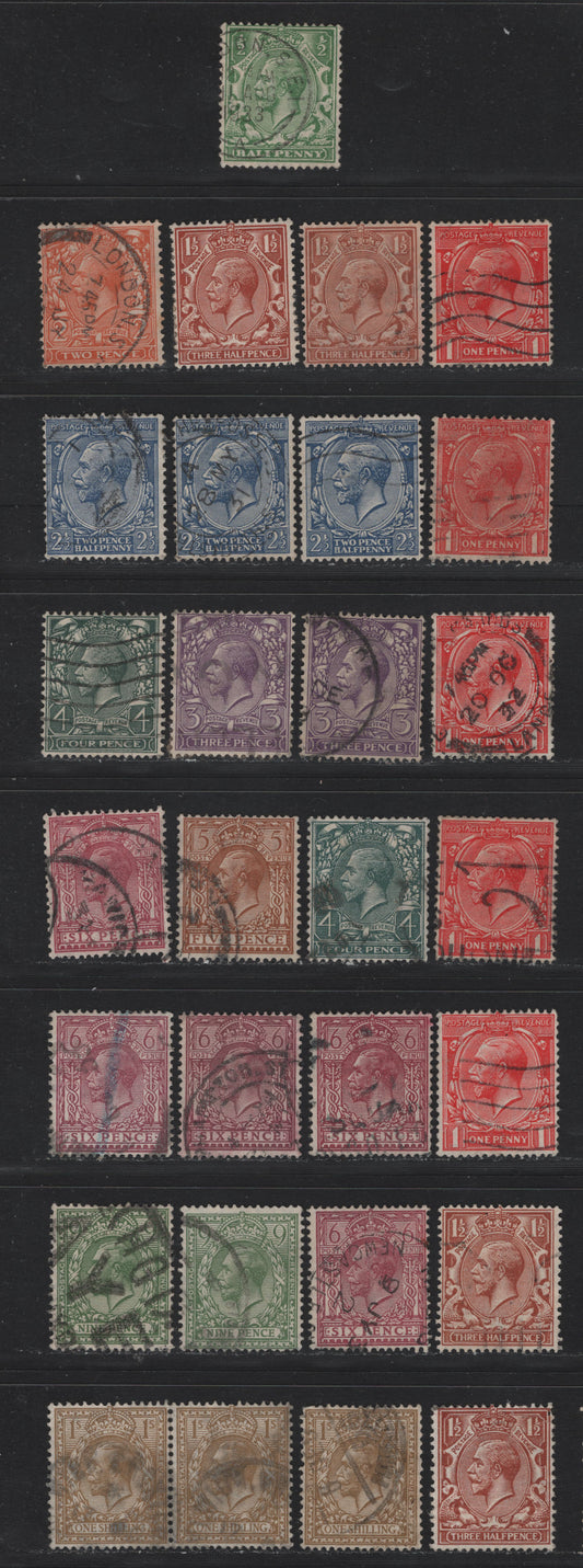 Lot 164 Great Britain (C) SG#418/429 1/2d - 1/- Green - Bistre Brown, 1924-1926 KGV Profile Heads Issue, 28 Fine Used Singles, Many Unlisted Shades of Each Value