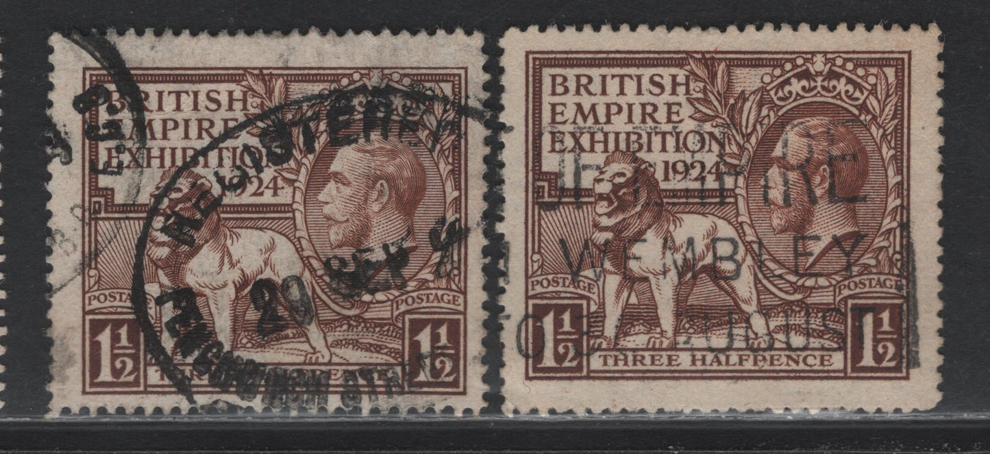 Lot 170 Great Britain (C) SG#431 1.5d Brown, 1924-1925 Wembly Exhibition Issue, 2 Fine Used Singles, Comb & Line Perf Singles