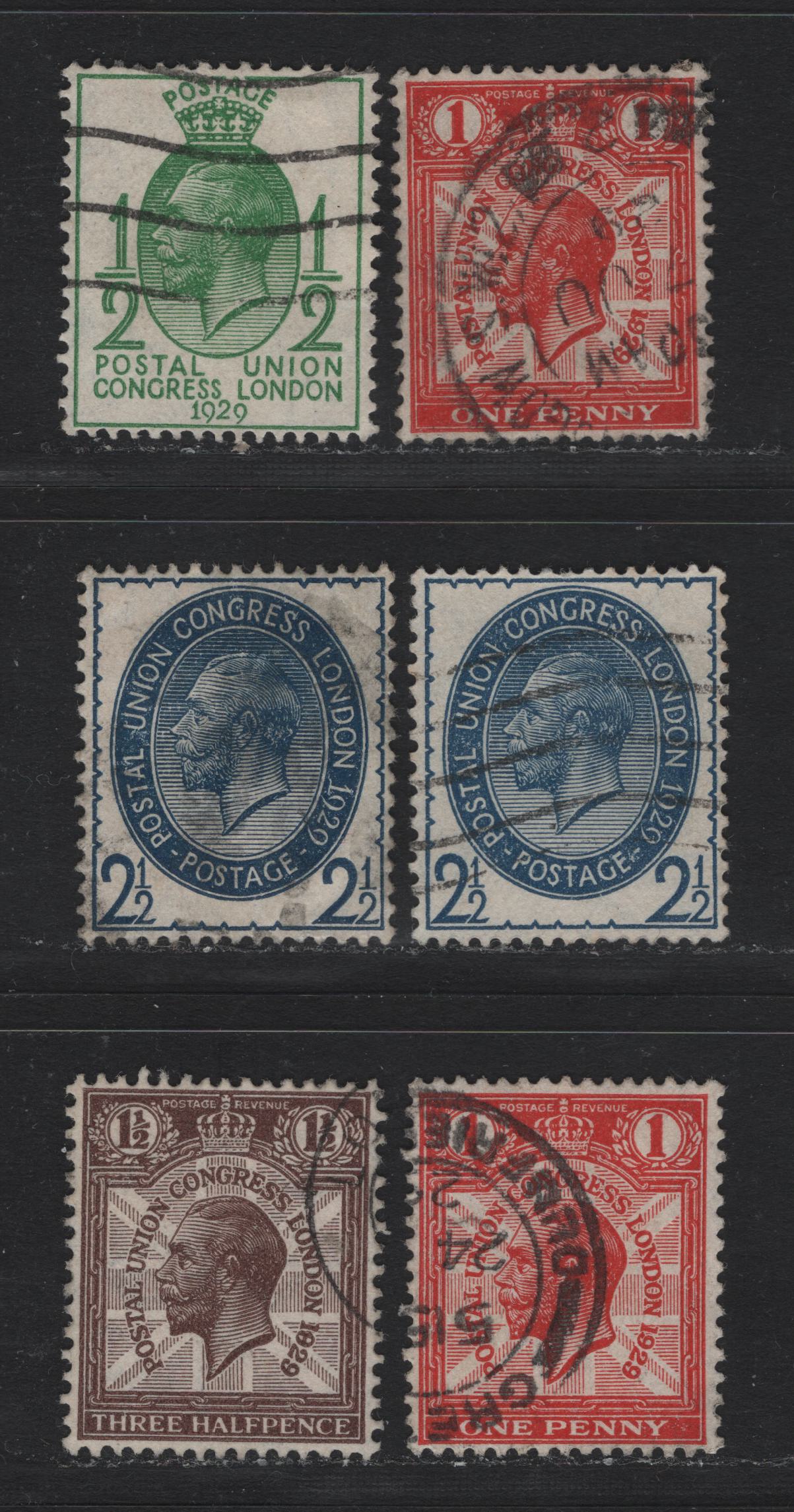 Lot 175 Great Britain (C) SG#434-437 1/2d - 2.5d Green - Blue, 1929 9th UPU Congress Issue, 6 Very Fine Used Singles, Used Set With Shade Variations Of 1d & 2.5d