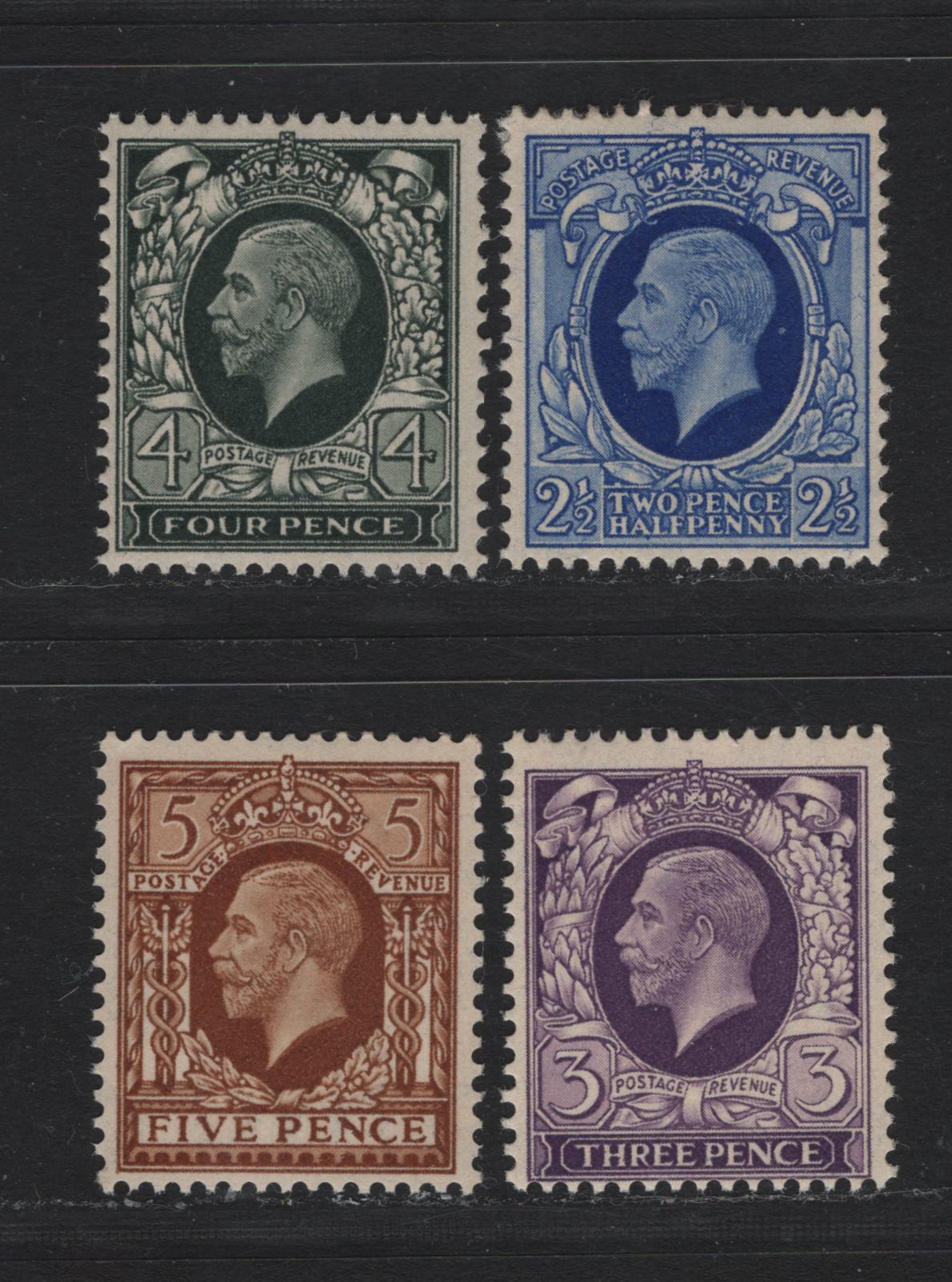 Lot 177 Great Britain SG#443-446 3d - 5d Reddish Violet - Yellow Brown, 1934-1936 KGV Photogravure Issue, 4 F/VFOG/NH Singles, 2.5d & 3d Are Hinged