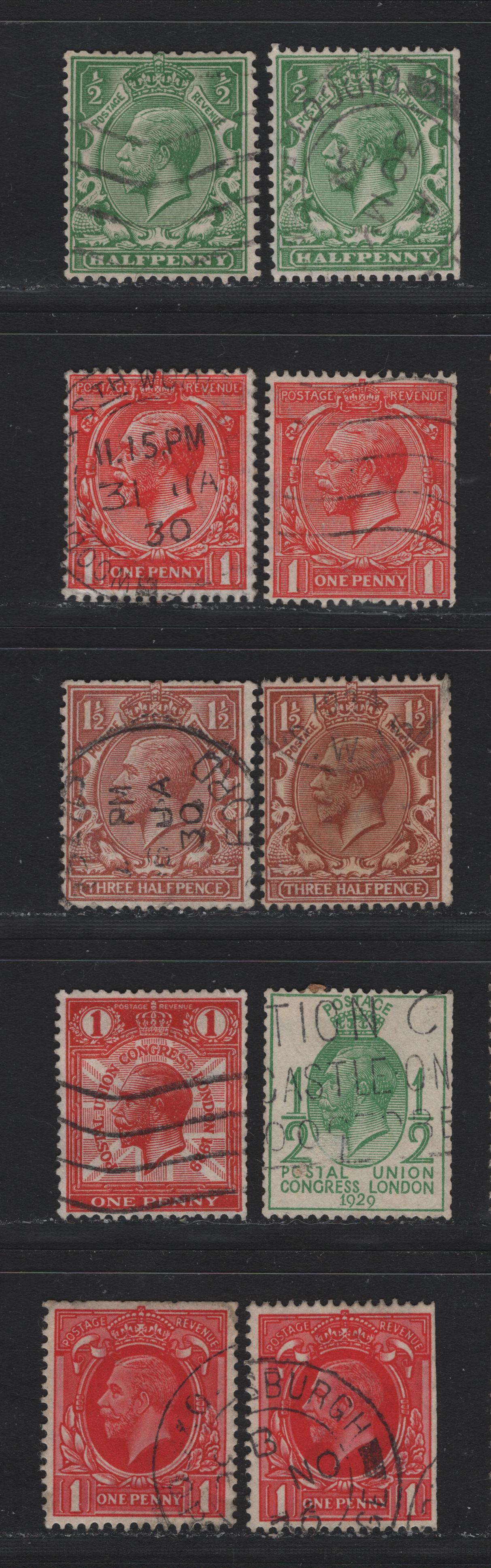 Lot 179 Great Britain (C) SG#418-420, 434-435, 440 1/2d - 1d Green - Scarlet, 1924-1936 KGV Profile Heads - Photogravure Issues, 10 Fine/Very Fine Used Singles, Booklet Singles With Upright Wmk But Characteristic Trimmed Perfs