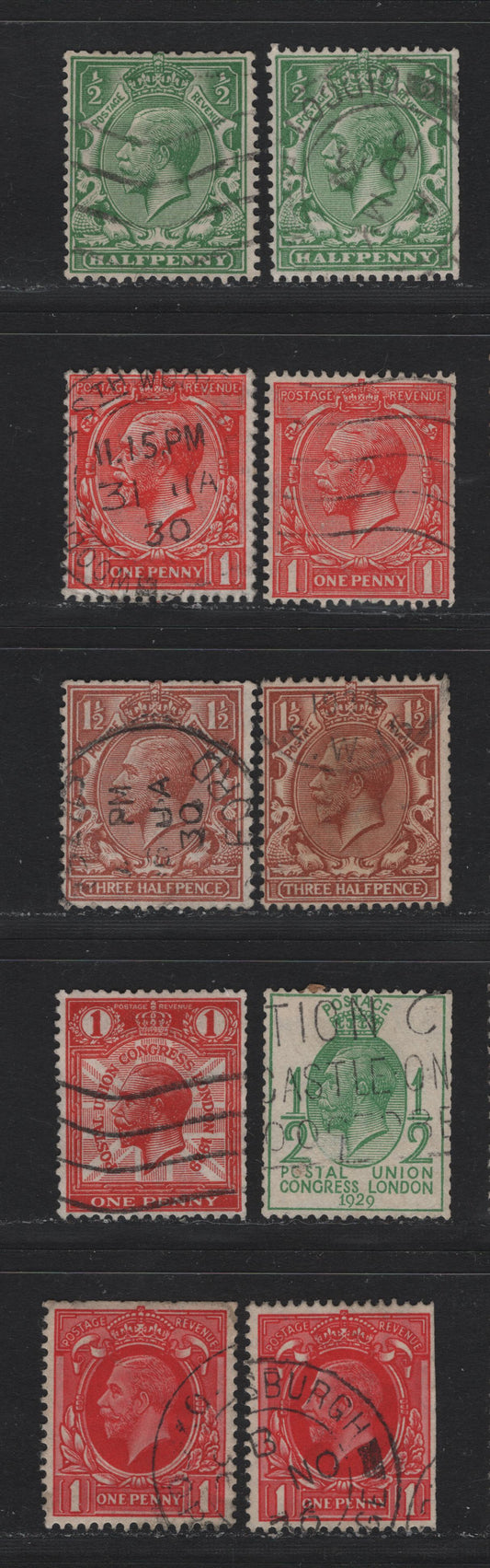 Lot 179 Great Britain (C) SG#418-420, 434-435, 440 1/2d - 1d Green - Scarlet, 1924-1936 KGV Profile Heads - Photogravure Issues, 10 Fine/Very Fine Used Singles, Booklet Singles With Upright Wmk But Characteristic Trimmed Perfs