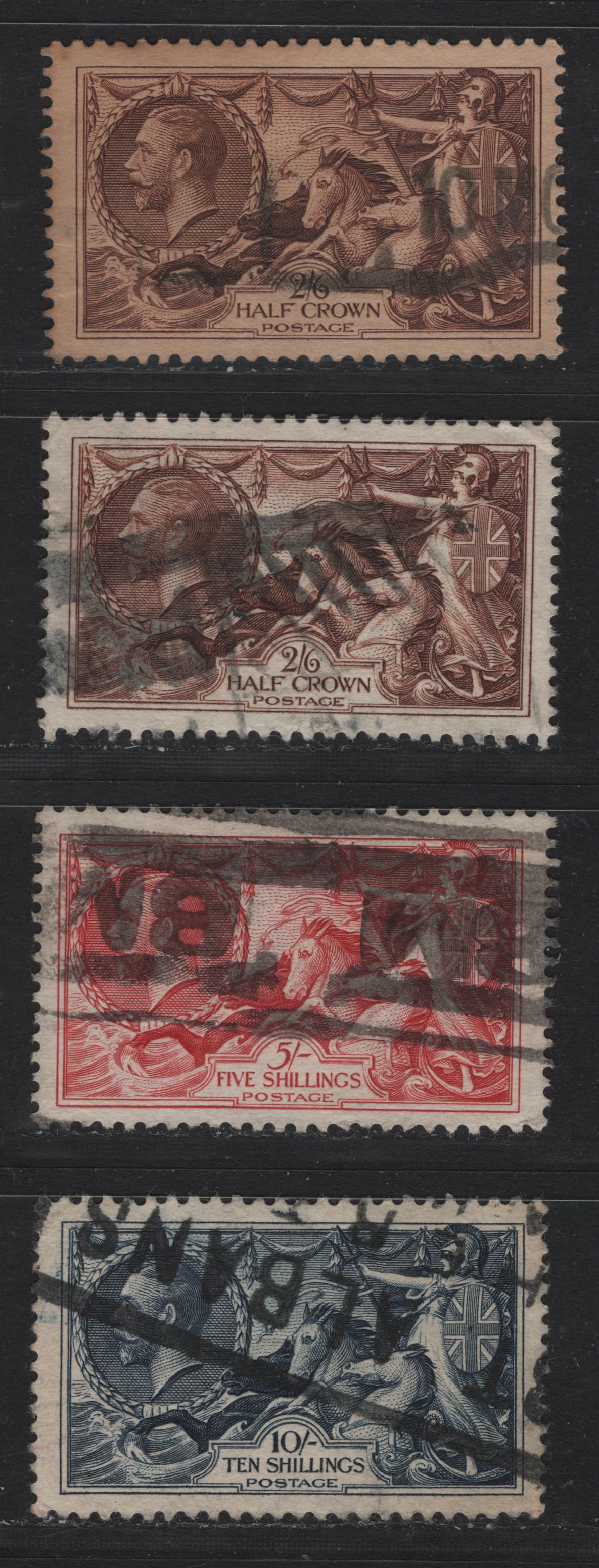 Lot 180 Great Britain (C) SG#450-452 2/6 - 10/- Chocolate Brown - Indigo, 1934 Waterlow-Re-Engraved Seahorse Issue, 4 Fine/Very Fine Used Singles