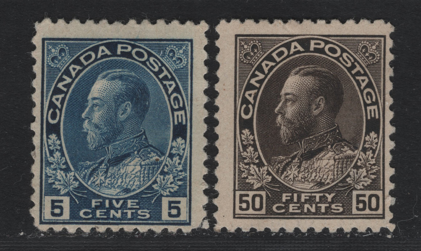 Lot 18 Canada #111, 120ii 5c - 20c Dark Blue - Brown Black , 1911-1925 KGV Admiral Issue, 2 Very Good/Fine Unused Singles, Wet Printings, Without Gum, ABN-E Paper, Perfs 11.8 & 11.9x12.