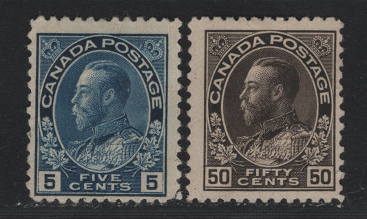 Lot 18 Canada #111, 120ii 5c - 20c Dark Blue - Brown Black , 1911-1925 KGV Admiral Issue, 2 Very Good/Fine Unused Singles, Wet Printings, Without Gum, ABN-E Paper, Perfs 11.8 & 11.9x12.