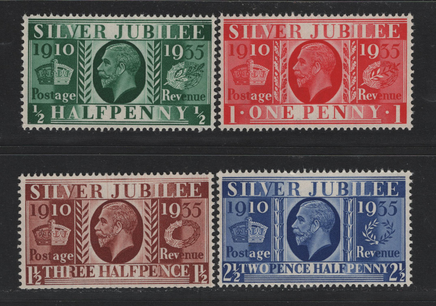 Lot 182 Great Britain SG#453-456 1/2d - 1.5d Green - Red Brown, 1935 Silver Jubilee Issue, 4 VFNH Singles, Includes Booklet Single Of The 1.5d Red Brown With Upright Wmk