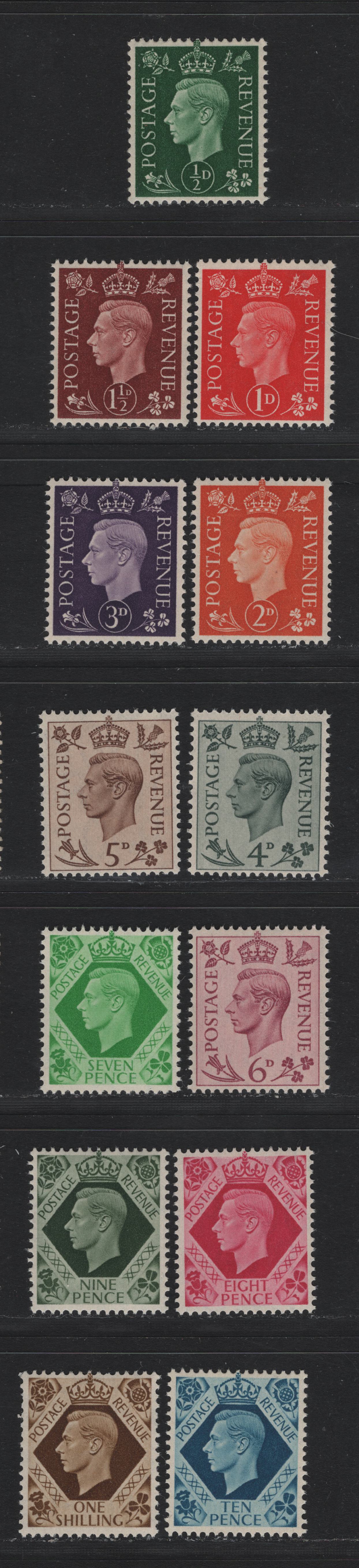 Lot 184 Great Britain SG#462-465, 467-474, 475 1/2d - 1/- Dark Green - Bistre Brown, 1937-1947 KGVI Dulac Design Issue, 13 F/VFNH Singles