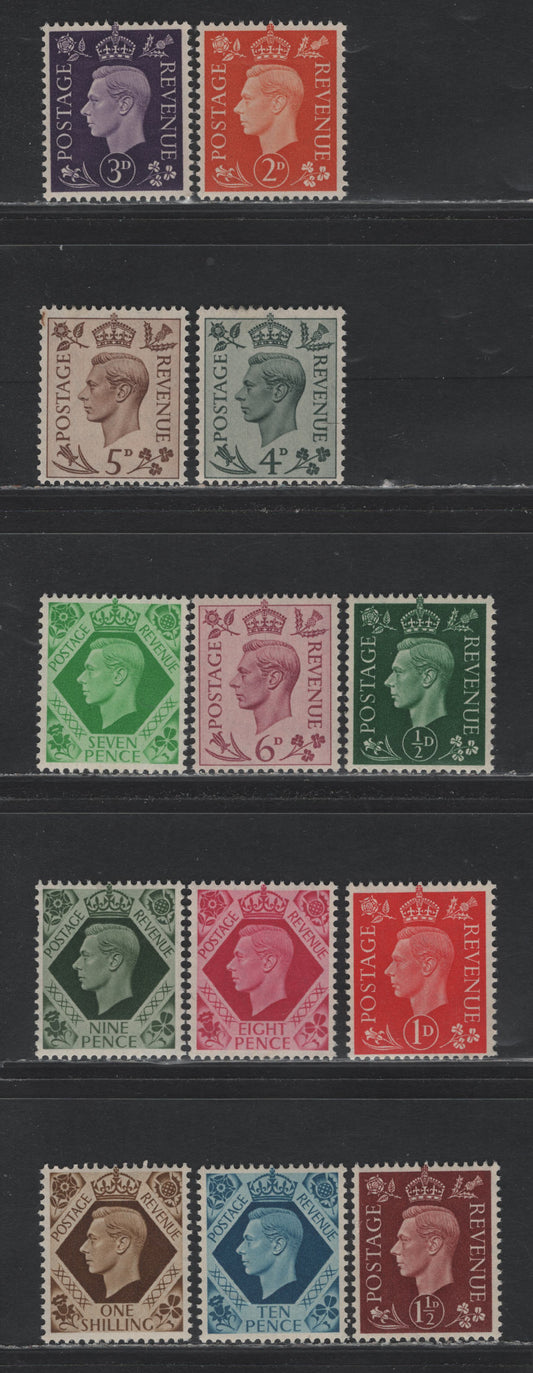 Lot 185 Great Britain SG#462-465, 467-474, 475 1/2d - 1/- Dark Green - Bistre Brown, 1937-1947 KGVI Dulac Design Issue, 13 F/VFNH/OG Singles, As Lot 184 But Small Gum Disturbance On 8d Cerise