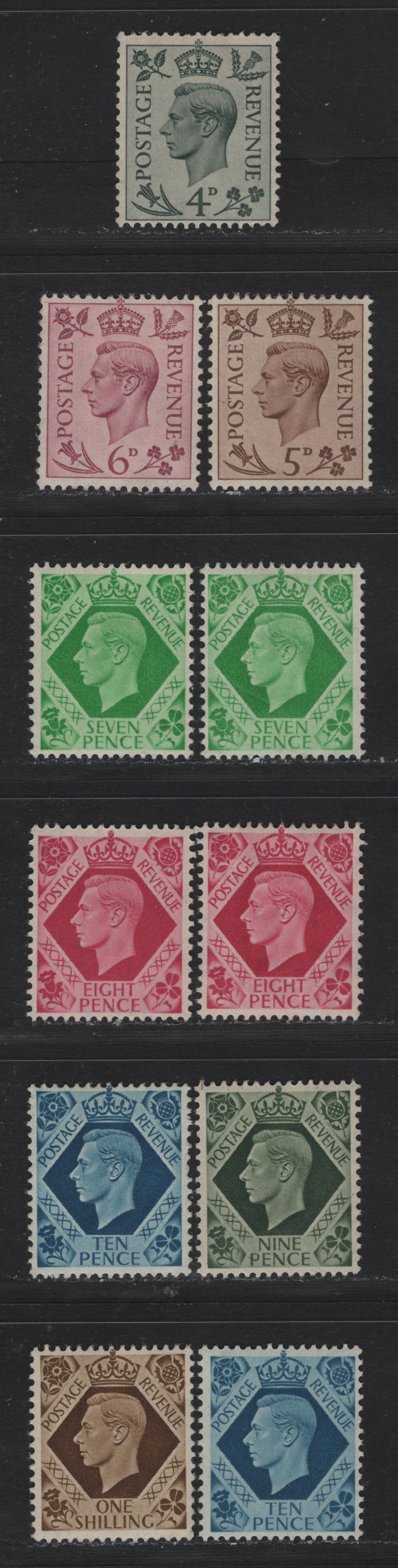 Lot 186 Great Britain SG#468-475 4d - 1/- Gray Green - Bistre Brown , 1937-1942 KGVI Dulac Design Issue, 11 F/VFOG Singles, Subtle Shade Variations of the 7d, 8d & 10d Which Denote Separate Printings, 4d & 5d Slightly Different Shades From Other Lots