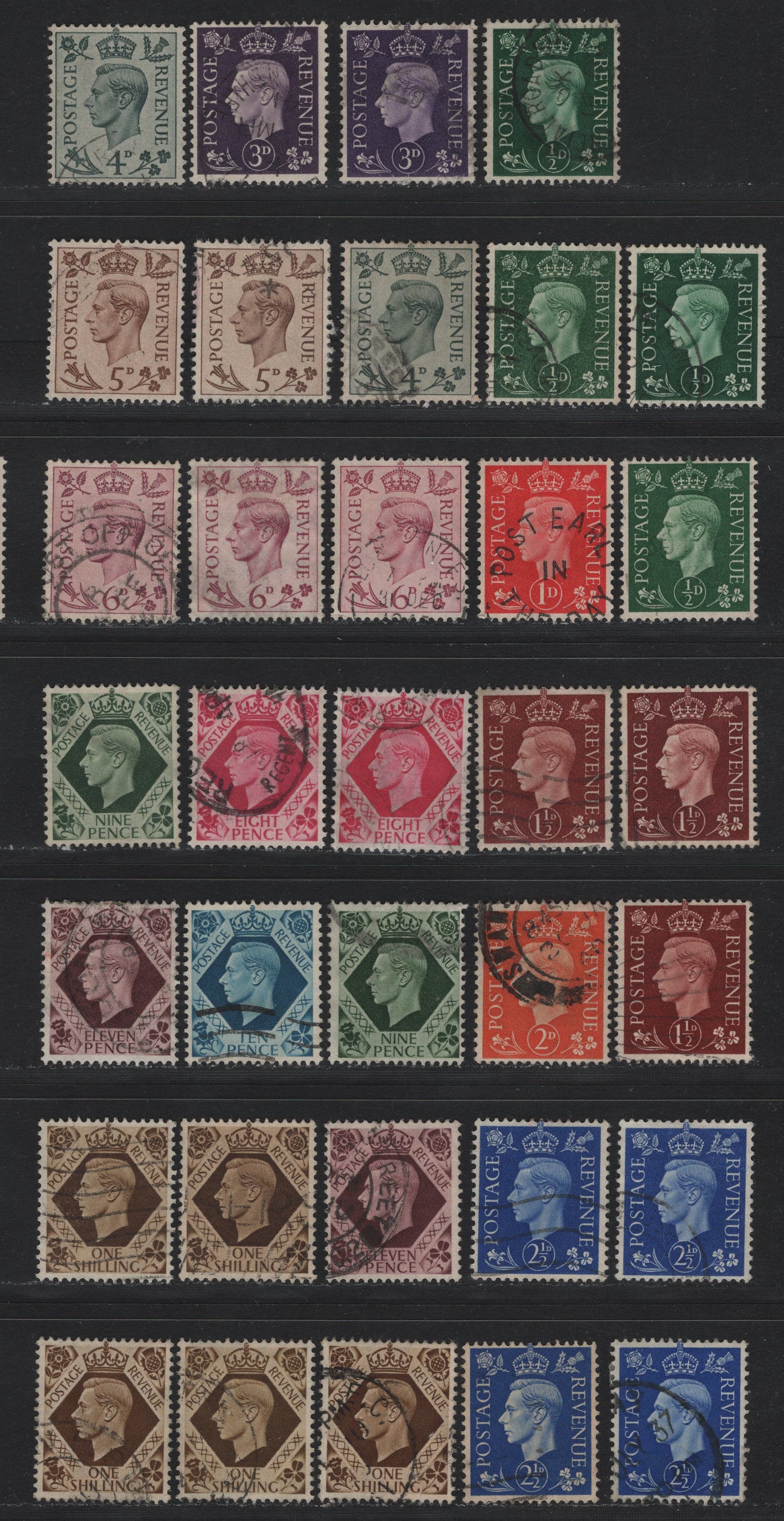 Lot 187 Great Britain SG#462-470, 472-475 1/2d - 1/- Dark Green - Bistre Brown , 1937-1942 KGVI Dulac Design Issue, 34 Fine/Very Fine Used Singles, Many Subtle Shade Varieties, As Well As Differents In Contrast In Shading Of The Kings Portrait