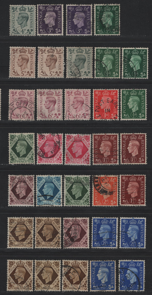 Lot 187 Great Britain SG#462-470, 472-475 1/2d - 1/- Dark Green - Bistre Brown , 1937-1942 KGVI Dulac Design Issue, 34 Fine/Very Fine Used Singles, Many Subtle Shade Varieties, As Well As Differents In Contrast In Shading Of The Kings Portrait