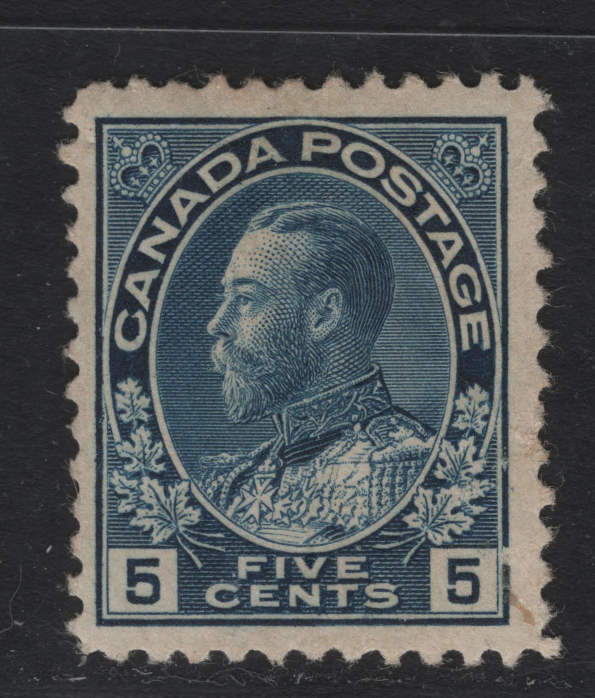 Lot 19 Canada #111b 5c Grayish Blue , 1911-1925 KGV Admiral Issue, A FOG Single, ABN-E Paper, Perf 12, Weakly Retouched Frameline, Some Light Surface Scuffing At LR.