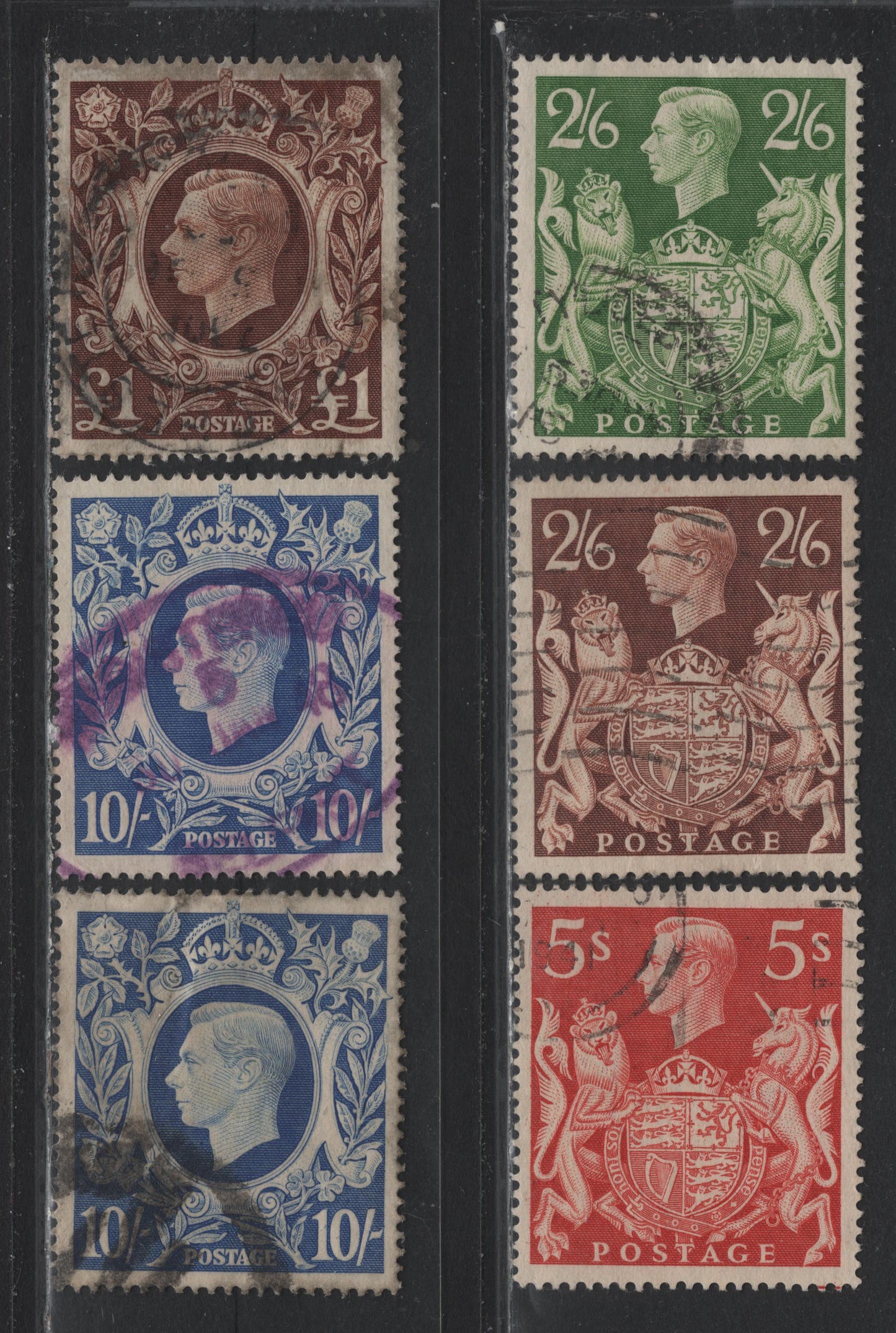 Lot 193 Great Britain (C) SG#476,b, 477, 478b,c 2/6d - £1 Brown , 1938-1948 KGVI Arms Issue, 6 Fine/Very Fine Used Singles, Includes 2 Shades Of Ultramarine