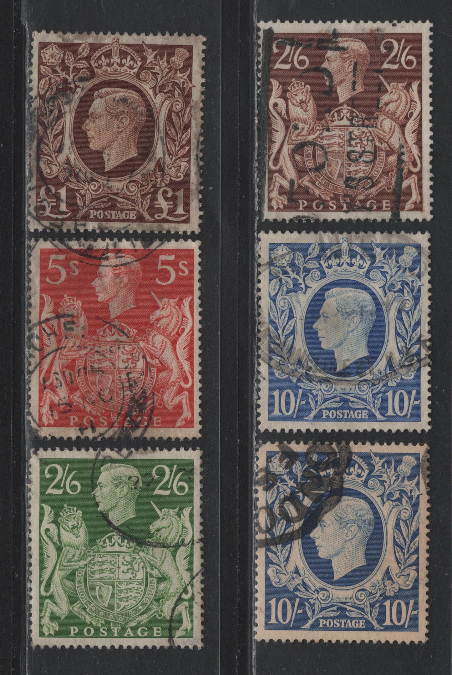 Lot 194 Great Britain SG#476,b, 477, 478b,c 2/6d - £1 Brown , 1938-1948 KGVI Arms Issue, 6 Fine/Very Fine Used Singles, Includes 2 Shades Of Ultramarine