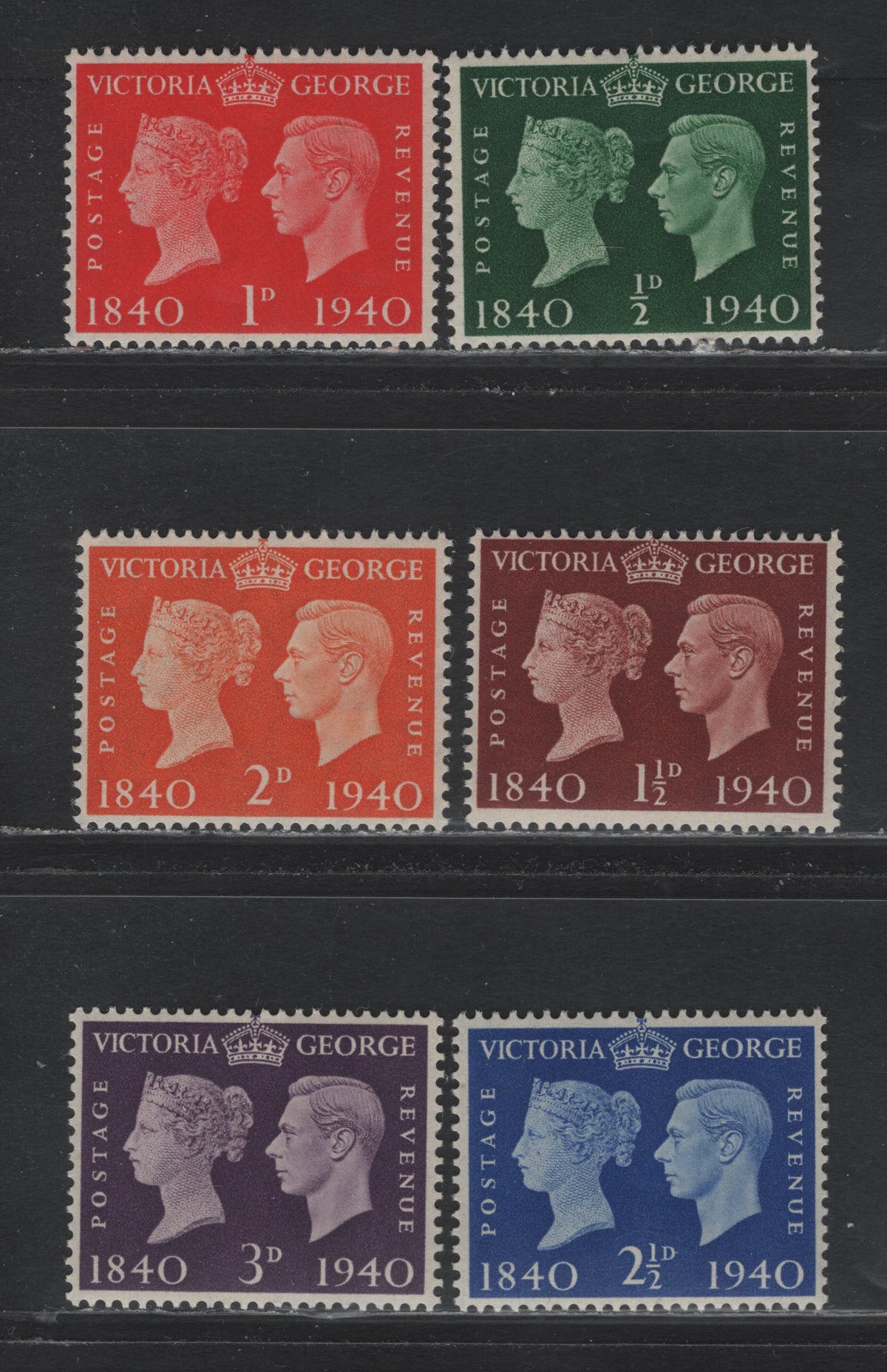Lot 45 Great Britain SG#479-484 1/2d - 3d Green - Violet , 1940 Postage Stamp Centenary Issue, 6 F/VFOG Singles