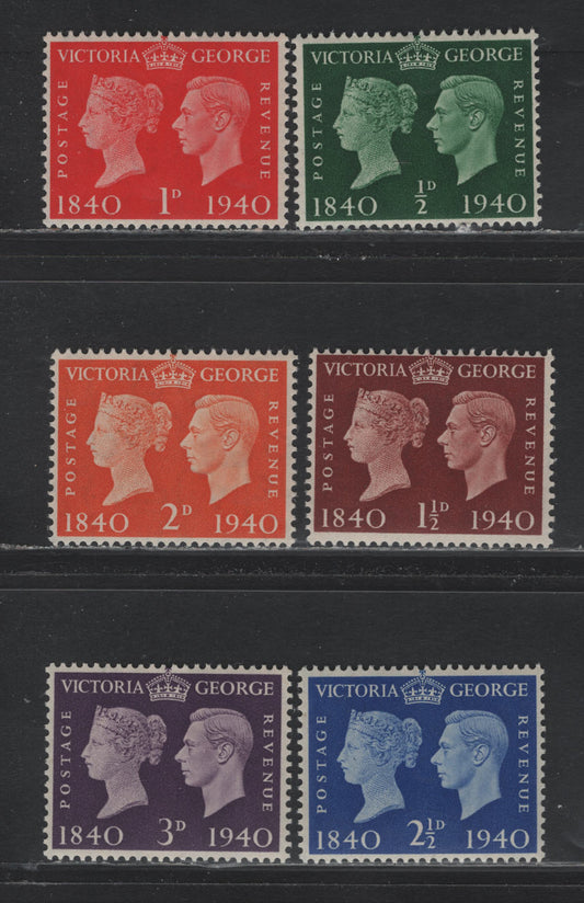 Lot 195 Great Britain SG#479-484 1/2d - 3d Green - Violet , 1940 Postage Stamp Centenary Issue, 6 F/VFOG Singles