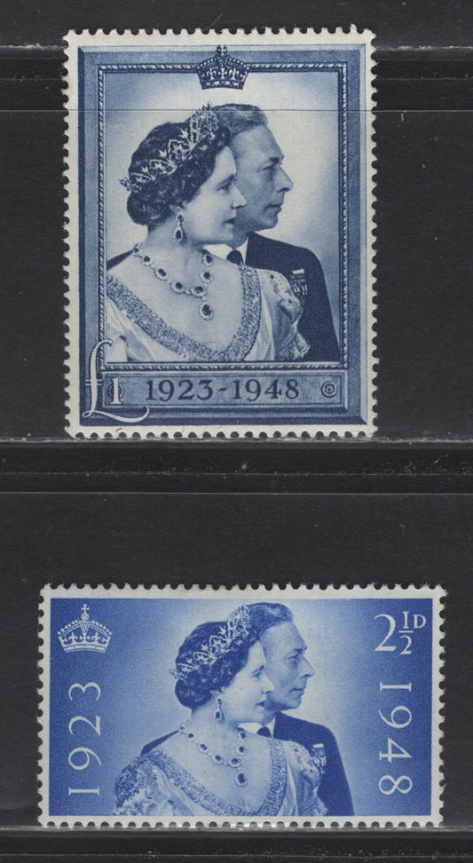 Lot 196 Great Britain SG#493-494 2.5d - £1 Ultramarine - Chalky Blue , 1948 Silver Wedding Issue, 2 VFOG Singles, The £1 Is NH