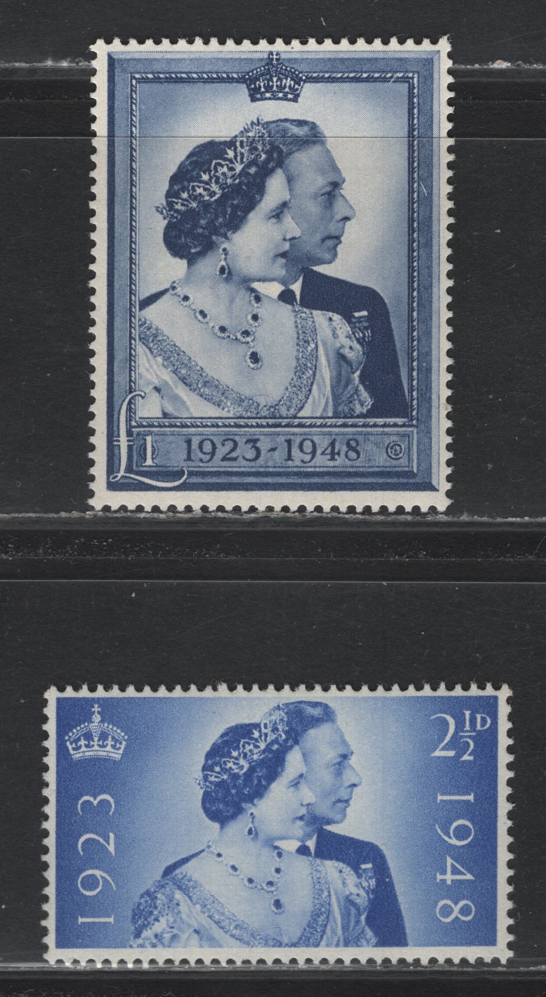 Lot 197 Great Britain SG#493-494 2.5d - £1 Ultramarine - Chalky Blue , 1948 Silver Wedding Issue, 2 F/VFNH Singles