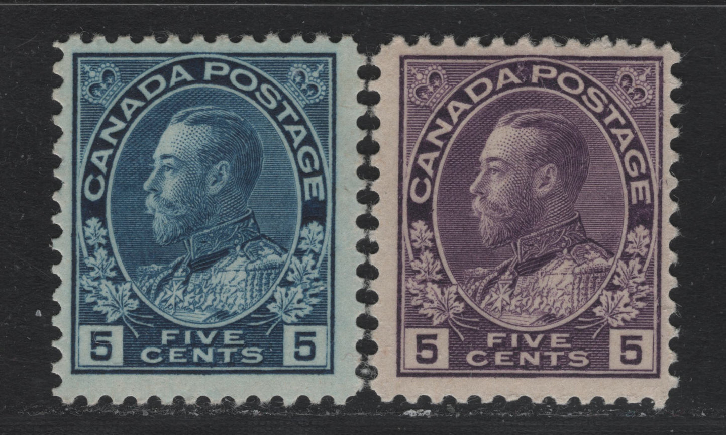 Lot 20 Canada #111-112 5c Deep Blue - Deep Milky Rose Lilac , 1911-1925 KGV Admiral Issue, 2 FOG Singles, ABN-E Paper, Perf 11.9, Both With Normal Frameline.