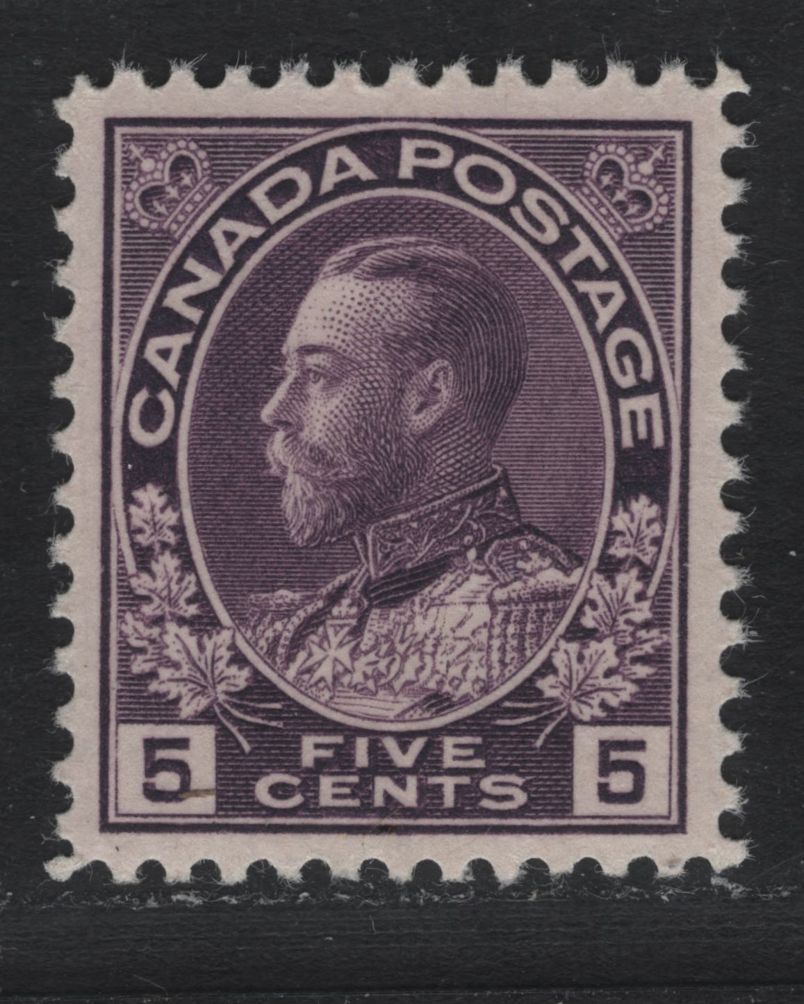 Lot 21 Canada #112 5c Deep Rose Lilac , 1911-1925 KGV Admiral Issue, A VFNH Single, ABN-E Paper, Perf 11.9, Wet Printing, Weakly Retouched Frameline.