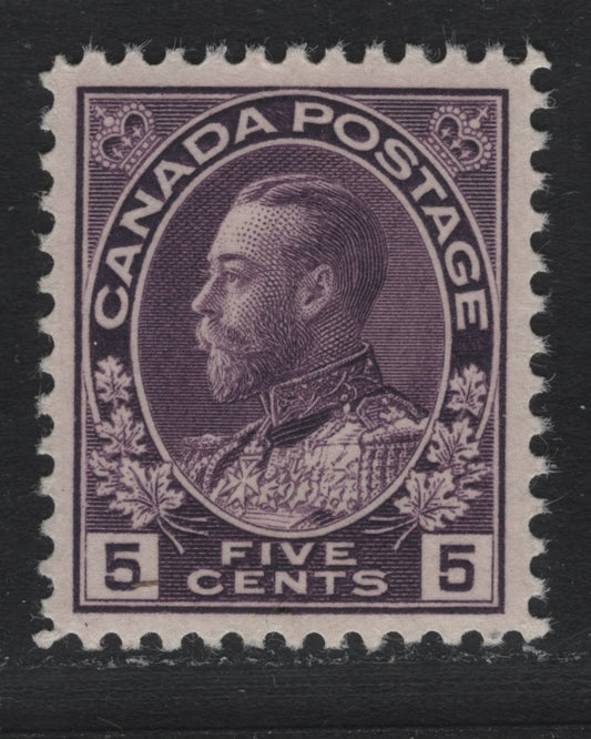 Lot 21 Canada #112 5c Deep Rose Lilac , 1911-1925 KGV Admiral Issue, A VFNH Single, ABN-E Paper, Perf 11.9, Wet Printing, Weakly Retouched Frameline.