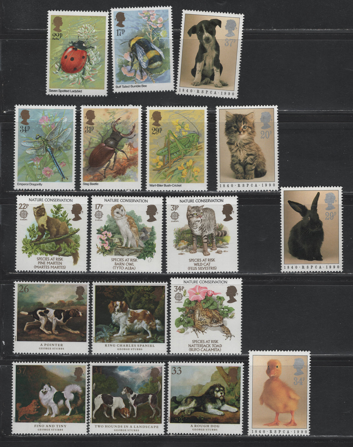 Lot 49 Great Britain SG#1098-1102, 1141-1144, 1300-1303, 1345-1349 17p - 37p Multicolored , 1985-1991 Insects - Dogs Issues, 18 VFNH Singles