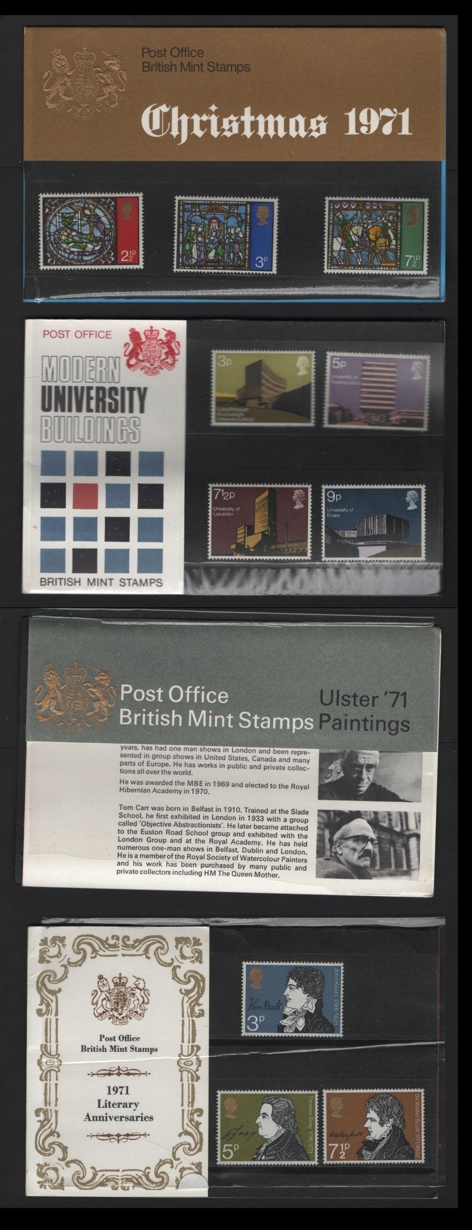 Lot 219 Great Britain (C) SG#26a, 32, 33 & 35, 1971 Presentation Packs, A VFNH Collection, Consists Of Ulster 71 Paintings (Unseaked), Literay Anniv's (Unsealed), University Buildings & Christmas, Some Warpage Cause By Contraction Of The Shrink Wrap.