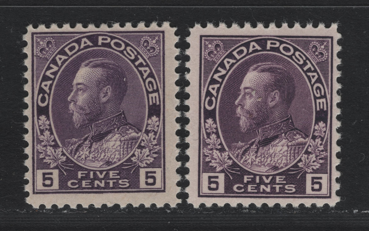 Lot 22 Canada #112 5c Violet - Deep Rose Lilac , 1911-1925 KGV Admiral Issue, 2 FNH Singles, ABN-E Paper, Normal Frameline, Perfs 11.9x11.8 & 12x11.9.