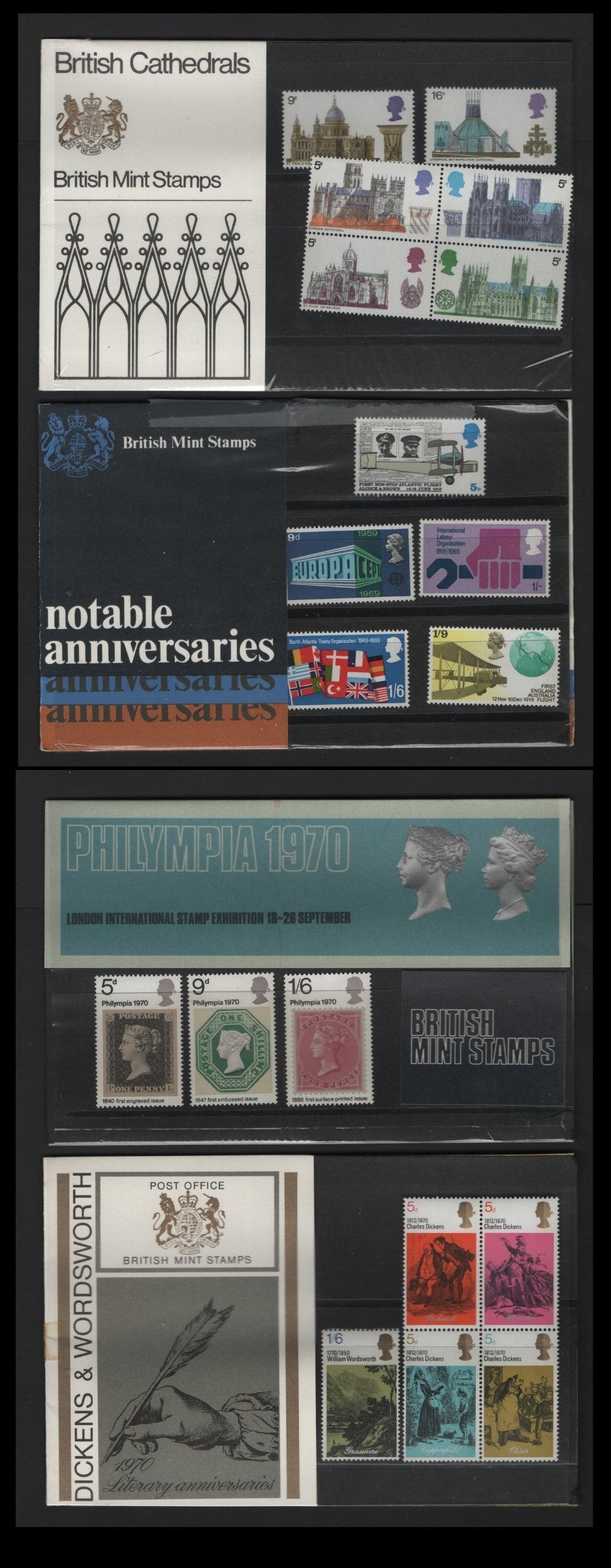 Lot 222A Great Britain (C) SG#9-10, 17, 21, 1969-1970 Presentation Packs, A VFNH Collection, Charles Dickens, Cathedrals, Anniversaries & Philimpia 1970, #9 Celophane is Open