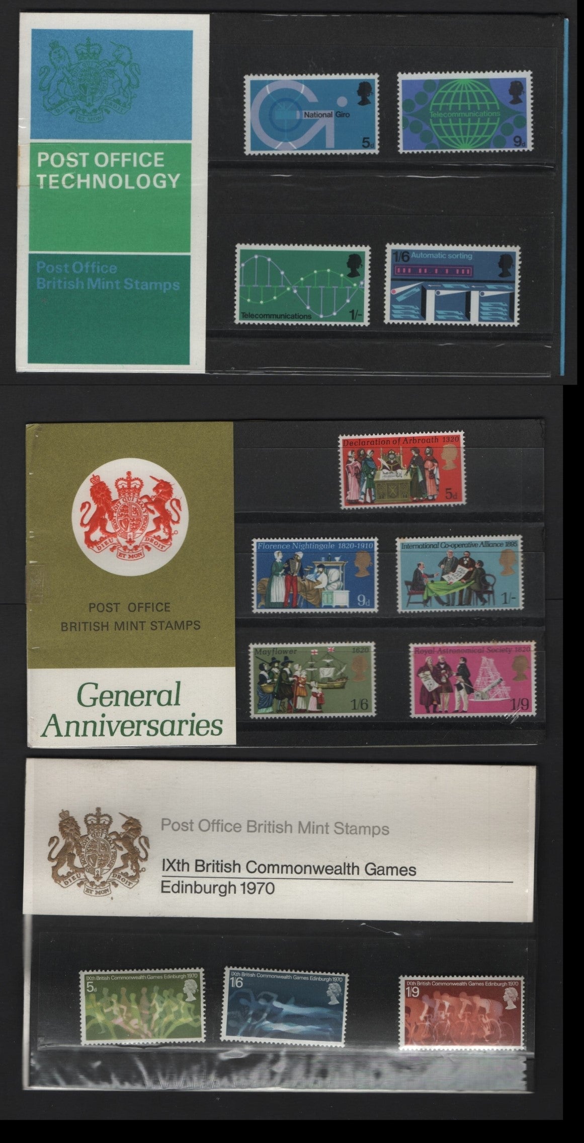 Lot 222 Great Britain (C) SG#13, 16, 19 , 1969-1970 Presentation Packs, A VFNH Collection, General Anniversaries, 9th British Commonwealth Games & Post Office Technology