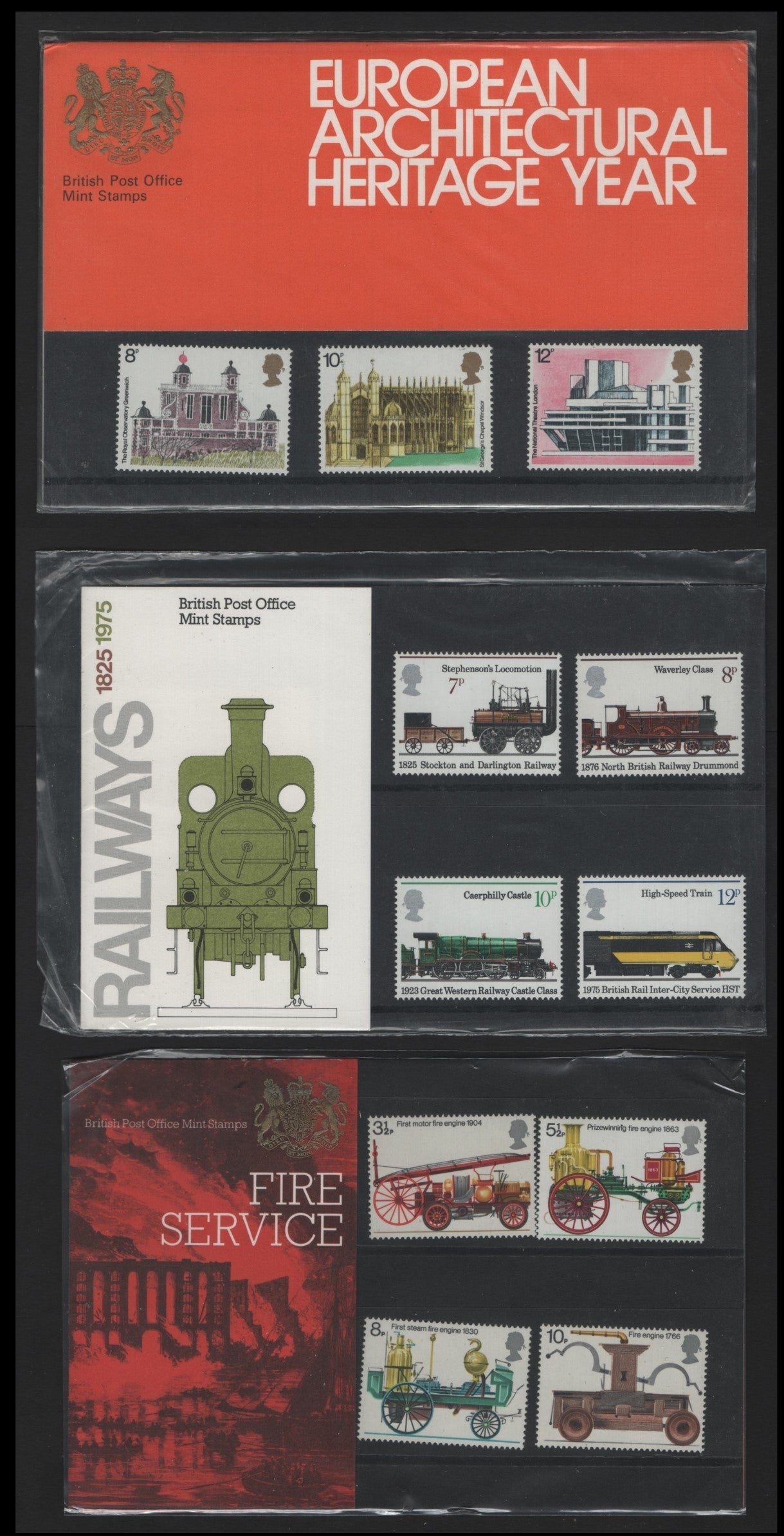 Lot 228 Great Britain (C)  1974-1975 Presentation Packs, A VFNH Collection, Fire Prevention, European Architectural Heritage Year & Public Railway Issues