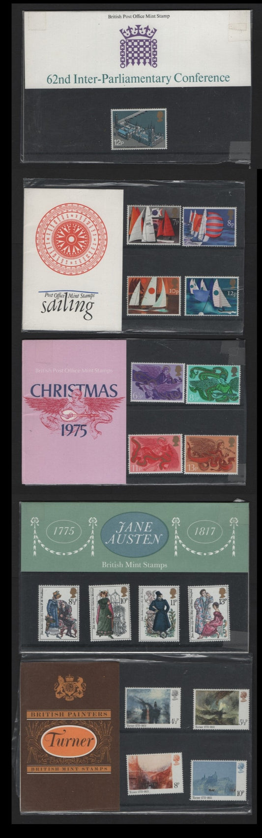Lot 229 Great Britain (C) SG#69, 71, 74-76, 1975 Presentation Packs, A VFNH Collection, Turner, Sailing, Jane Austen & Christmas Issues