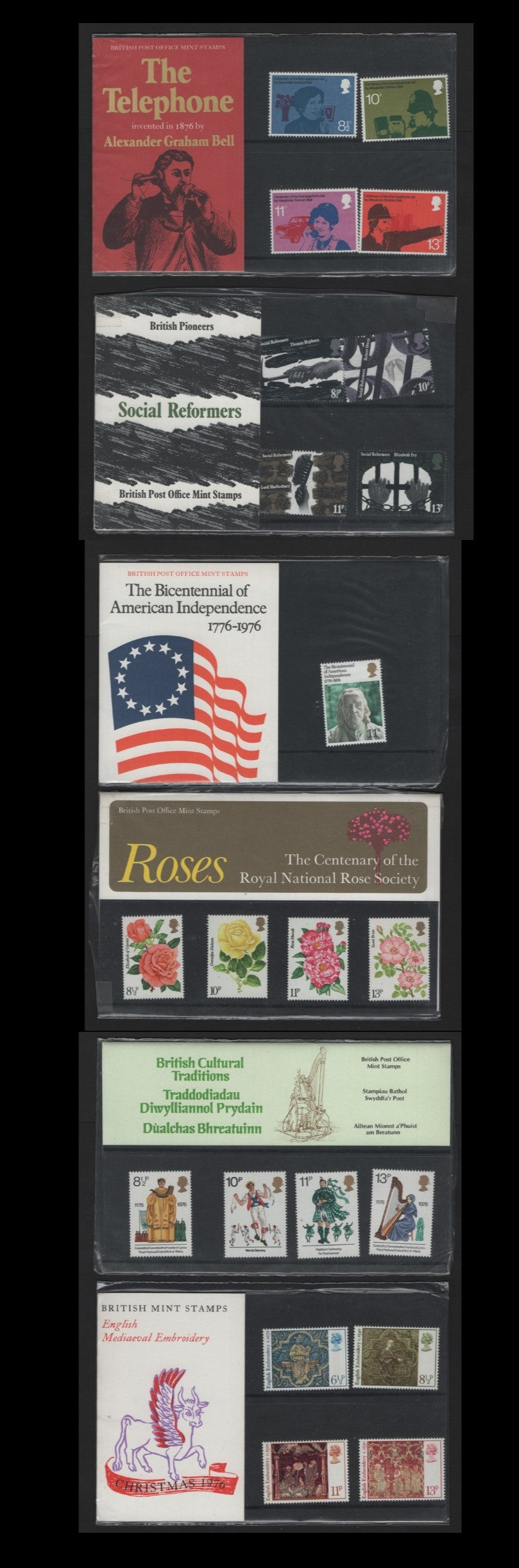 Lot 35 Great Britain (C) SG#78-82, 87, 1976 Presentation Packs, A VFNH Collection, Telephone Centenary, Social Reformers vs Bicentennial, National Rose Society, British Cultural Traditions & Christmas Issues