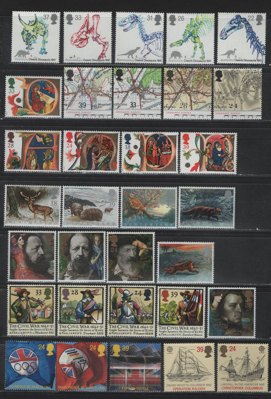 Lot 238 Great Britain (C) SG#1573-1591, 1607-1610, 1615-1623 22p - 39p Multicolored, 1991-1992 150th Anniv of Dinosaur Identification - Civil War Issues, 31 VFNH Singles