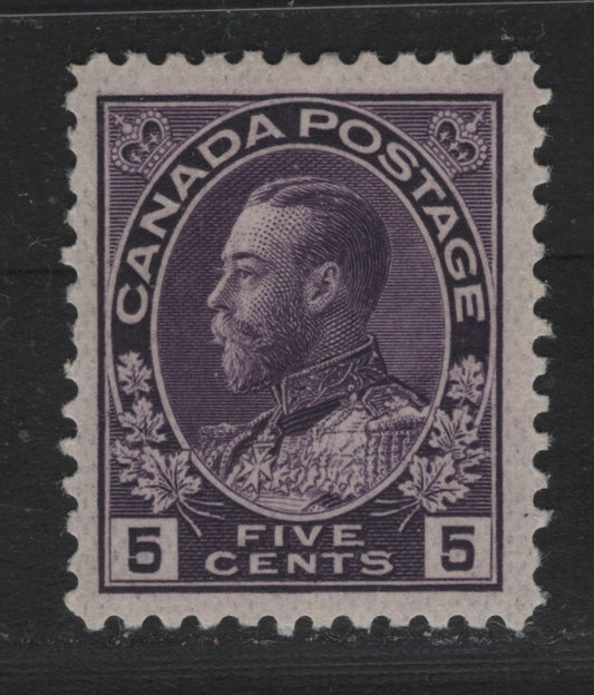 Lot 24 Canada #112a 5c Deep Rose Lilac , 1911-1925 KGV Admiral Issue, A FOG Single, ABN-NNN Paper, Perf 11.9x12, Very Weakly Retouched Frameline.