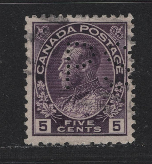 Lot 242 Canada #112c 5c Deep Milky Rose Lilac , 1911-1925 KGV Admiral Issue, A Very Fine Used Single, Dry Printing, Province Of Saskatchewan Perfin, Pos 1.
