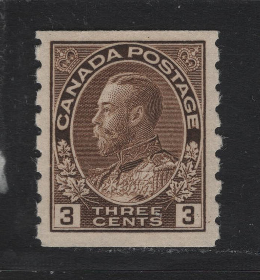 Lot 243 Canada #129 3c Dark Brown , 1912-1924 KGV Admiral Coil Issue, A VFNH Single, ABN-E Paper, Perf 8 Vertical Coil