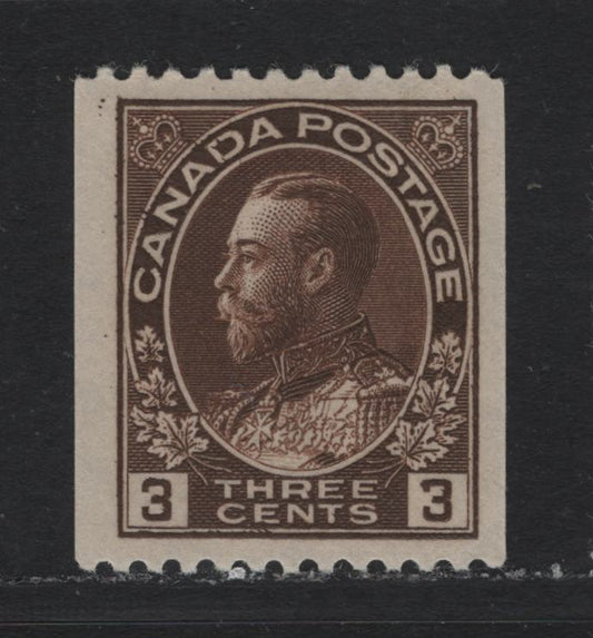 Lot 244 Canada #134 3c Brown , 1912-1924 KGV Admiral Coil Issue, A VFOG Single, ABN-E Paper, Perf 12 Horizontal Coil
