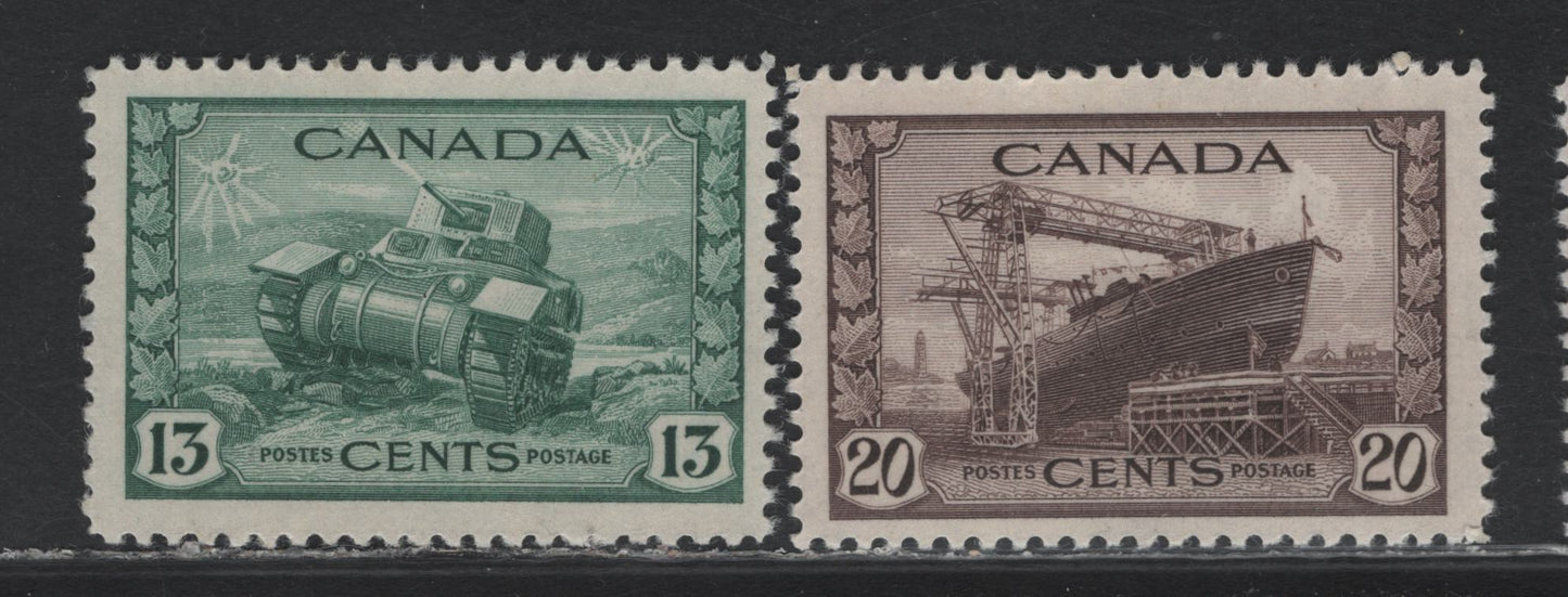 Lot 249 Canada #258, 260 13c - 20c Dull Green - Chocolate , 1942-1943 KGVI War Issue, 2 FNH Singles, Soft Vertical Wove Paper With No Visible Mesh, Creamy Semi Glossy Gum