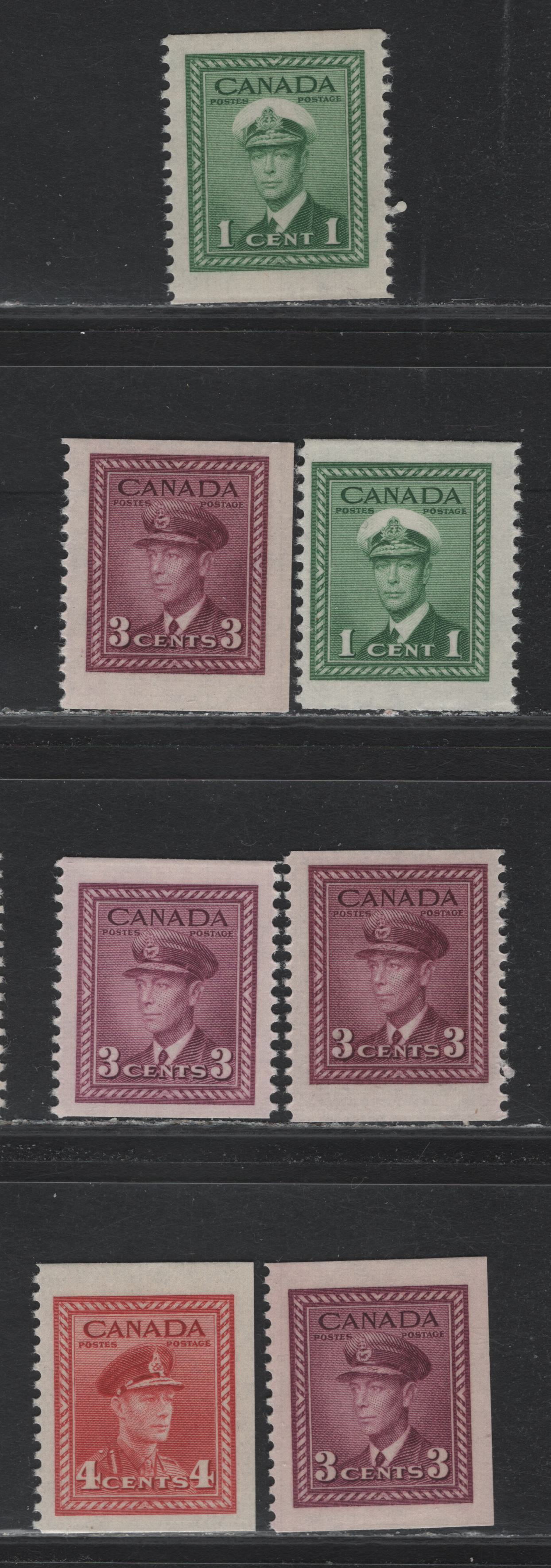 Lot 252 Canada #249cs, 252bs, 254bs 1c - 4c Green - Carmine Red , 1942-1943 KGVI War Issue, 6 F/VFNH Booklet Singles, Chewing Gum Booklet Singles From The Middle & End Of The Booklets, All Different Either With Respect To Shades Or Paper/Gum Types
