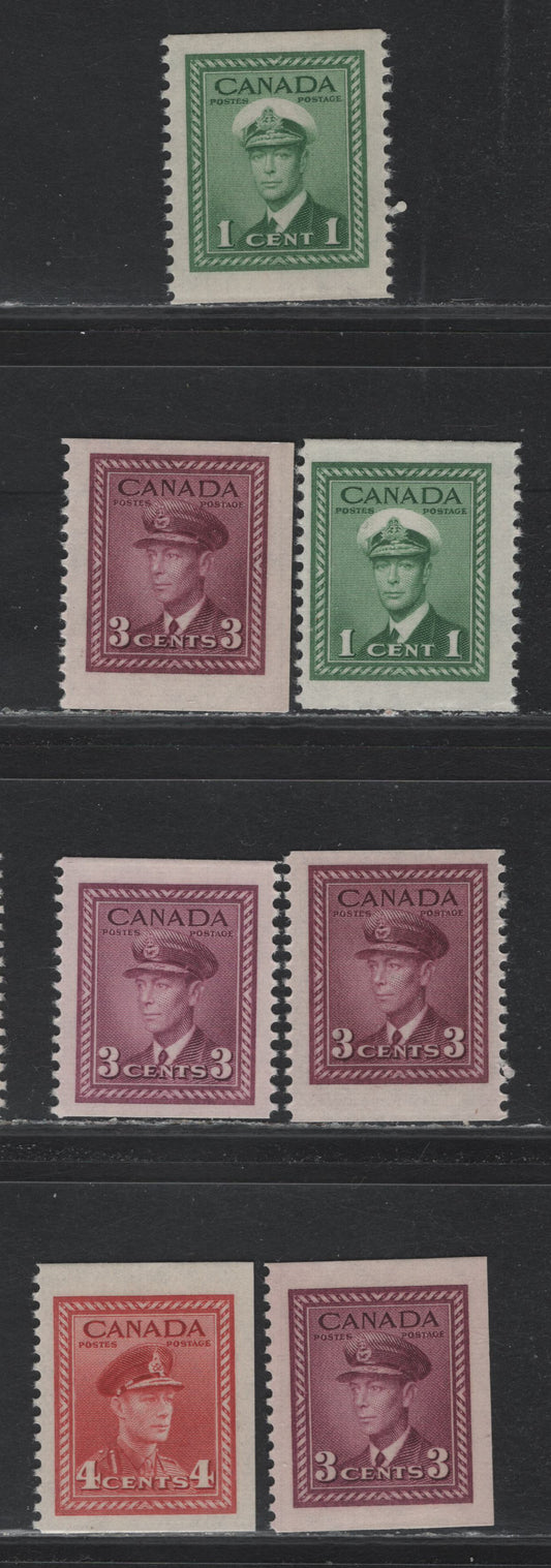 Lot 252 Canada #249cs, 252bs, 254bs 1c - 4c Green - Carmine Red , 1942-1943 KGVI War Issue, 6 F/VFNH Booklet Singles, Chewing Gum Booklet Singles From The Middle & End Of The Booklets, All Different Either With Respect To Shades Or Paper/Gum Types