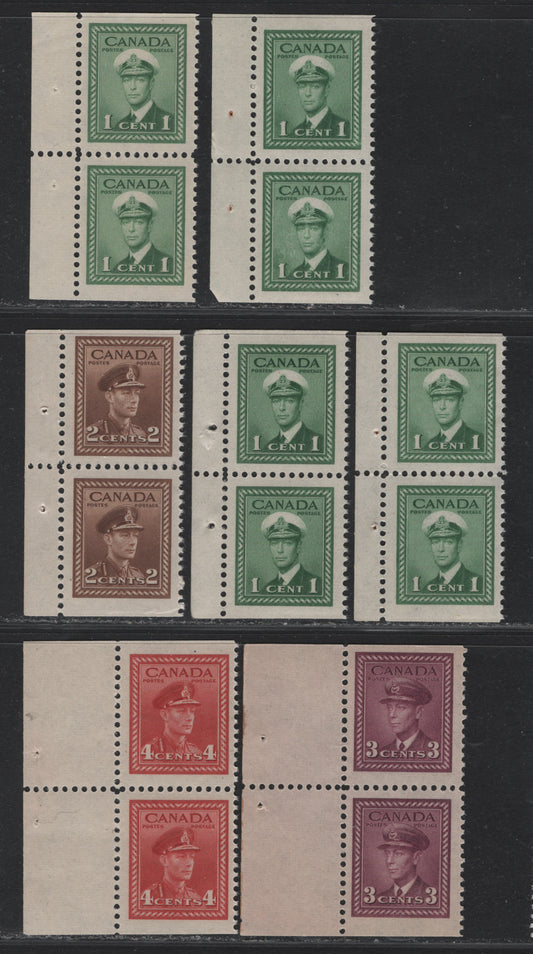 Lot 253 Canada #249as, 250as, 252as, 254as 1c - 4c Green - Carmine Red , 1942-1943 KGVI War Issue, 7 VFNH Booklet Pairs, Booklet Pairs From The Tab End Of The Booklets, All On Different Paper/Gum Types Or With Slightly Different Shades