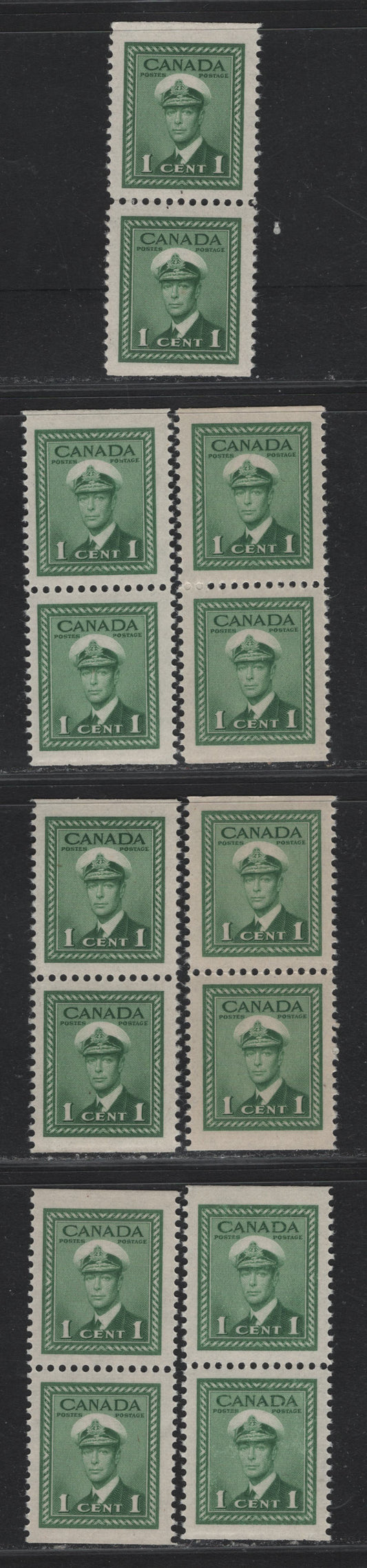 Lot 254 Canada #249as 1c - 4c Green , 1942-1943 KGVI War Issue, 7 VFNH Booklet Pairs, Pairs From The Middle Of Bookle Panes Of 6, All On Different Paper/Gum Types Or Printed In Slightly Different Shades