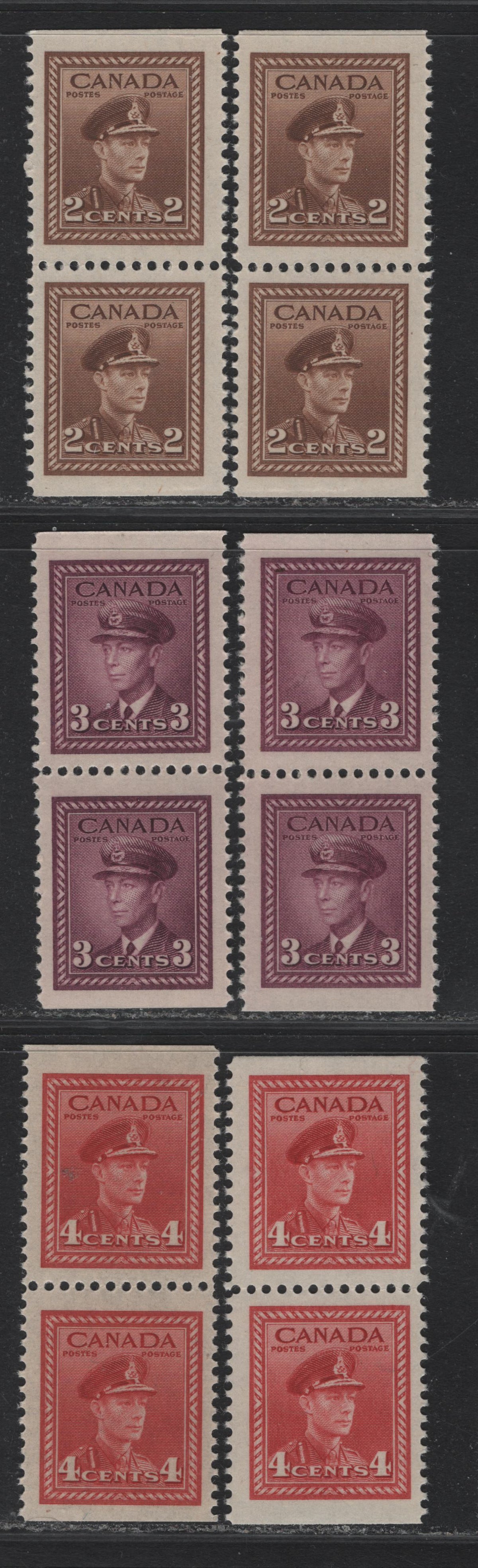 Lot 50 Canada #250as, 252as, 254as 2c - 4c Brown - Carmine Red , 1942-1943 KGVI War Issue, 6 VFNH Booklet Pairs, Booklet Pairs From The Middle Of The Booklet Pairs, All Printed In Slightly Different Shades Or On Different Paper/Gums