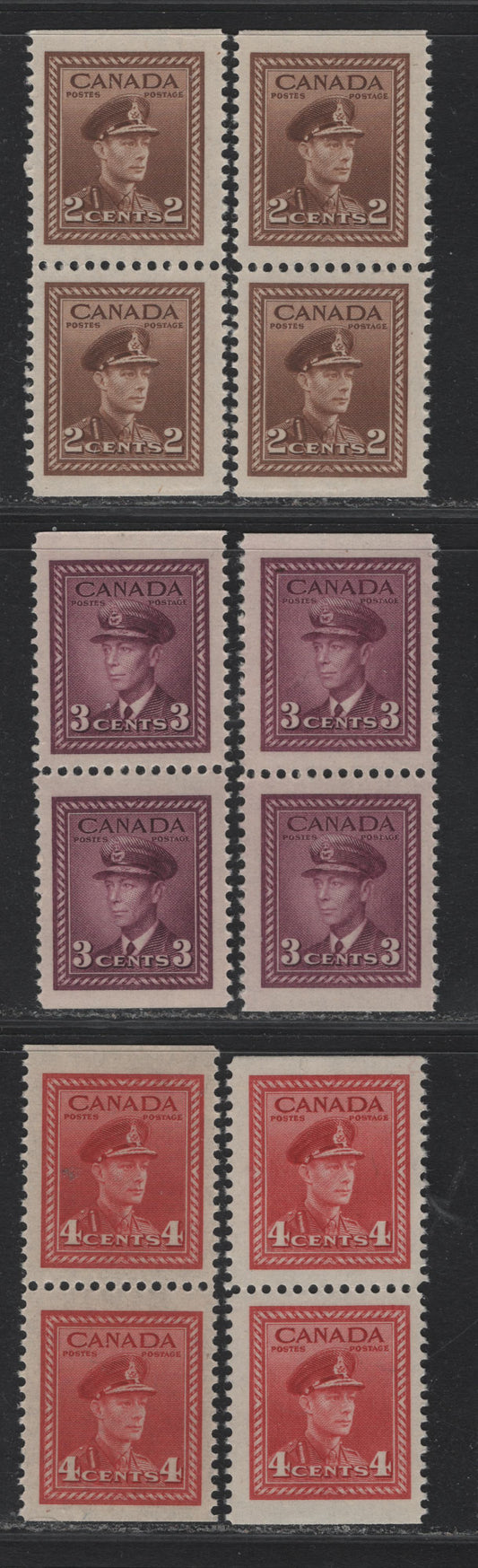 Lot 255 Canada #250as, 252as, 254as 2c - 4c Brown - Carmine Red , 1942-1943 KGVI War Issue, 6 VFNH Booklet Pairs, Booklet Pairs From The Middle Of The Booklet Pairs, All Printed In Slightly Different Shades Or On Different Paper/Gums